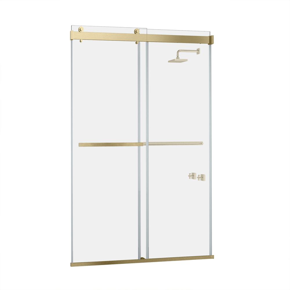 Spezia 56" W x 76" H Double Sliding Frameless Shower Door in Brushed Gold. Picture 1
