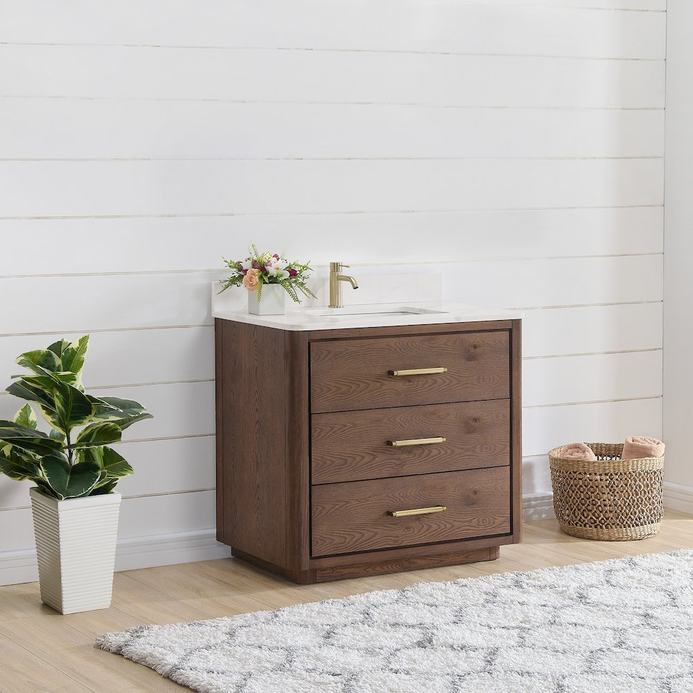 Porto 36" Free-standing Single Bath Vanity in Aged Dark Brown Oak. Picture 13