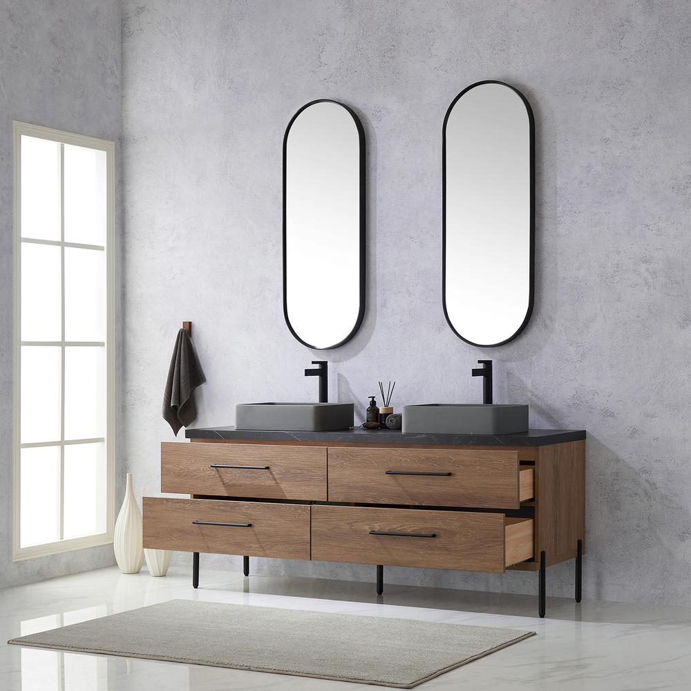 Double Sink Bath Vanity with Sintered Stone Top with Concrete Sink and Mirror. Picture 7