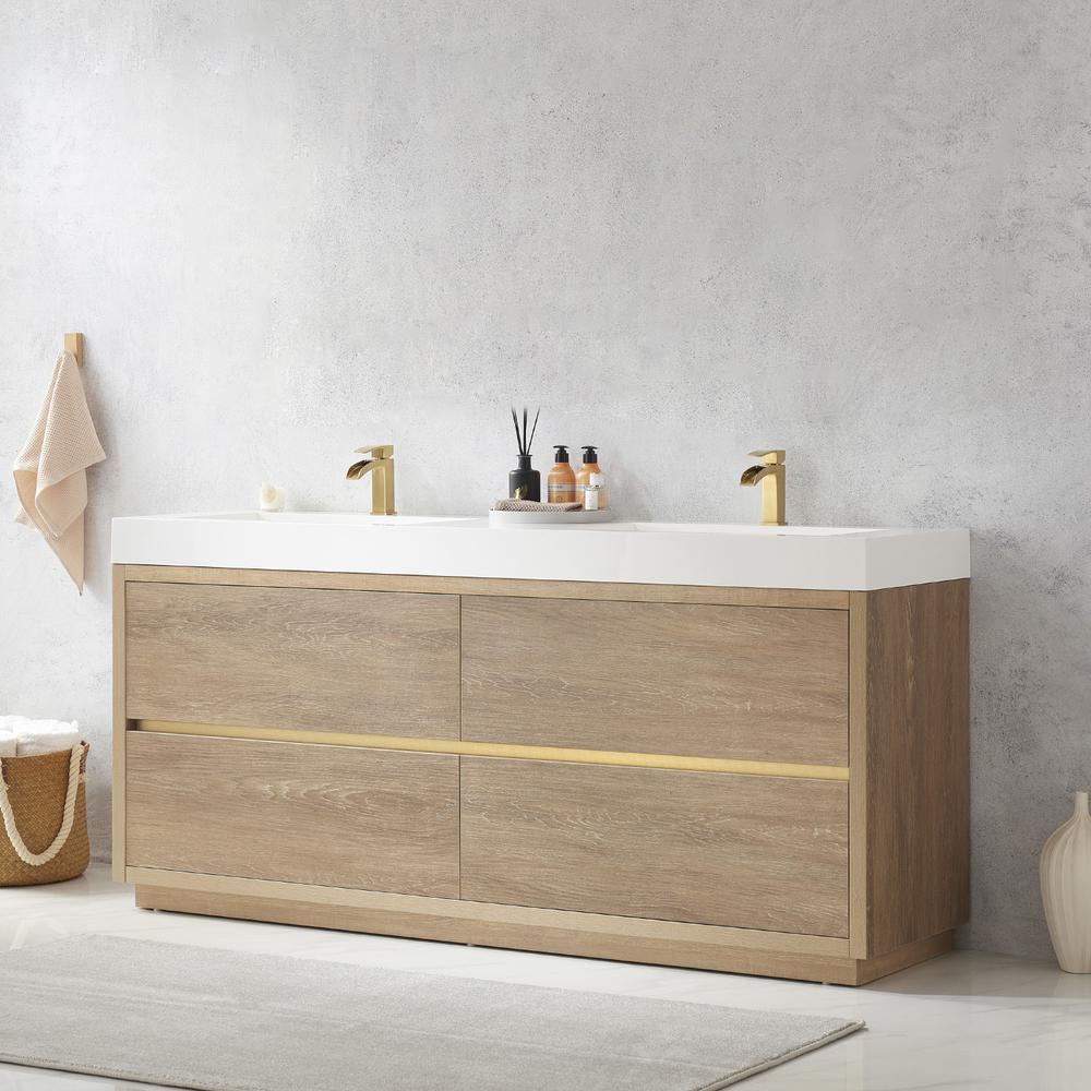 Double Sink Bath Vanity with White Composite Integral Square Sink Top. Picture 5