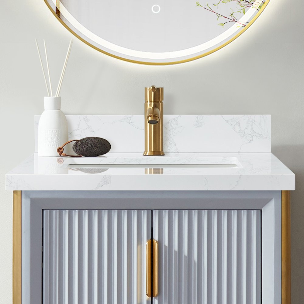 Composite Stone Vanity Top in Grain White with White Rectangular Single Sink. Picture 5