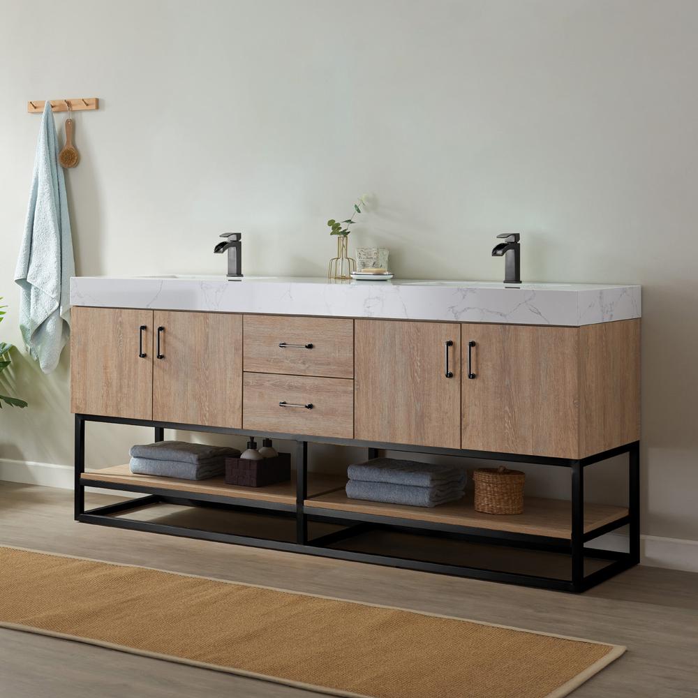 72B" Double Vanity with White Grain Stone Countertop Without Mirror. Picture 8