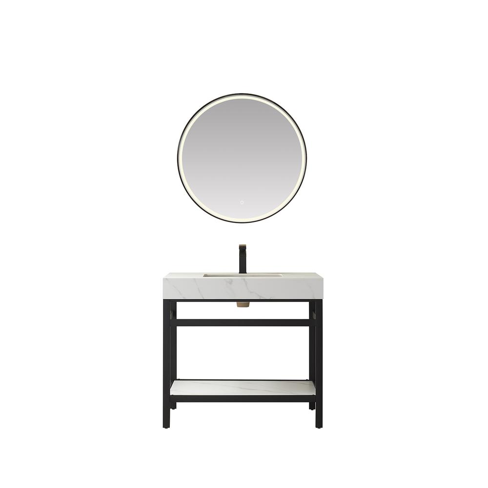 Single Sink Bath Vanity Metal Support with White Sintered Stone Top and Mirror. Picture 1
