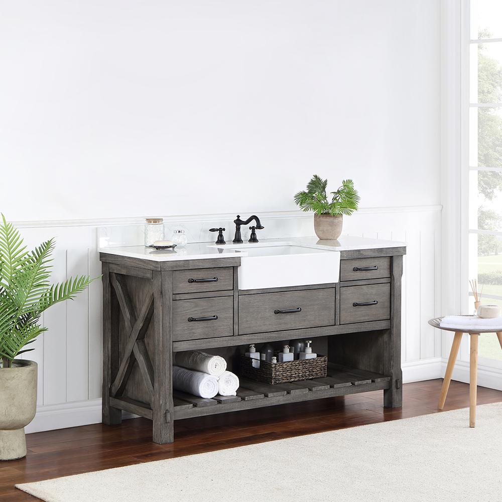 Single Bath Vanity with Composite Stone Top, White Farmhouse Basin. Picture 5