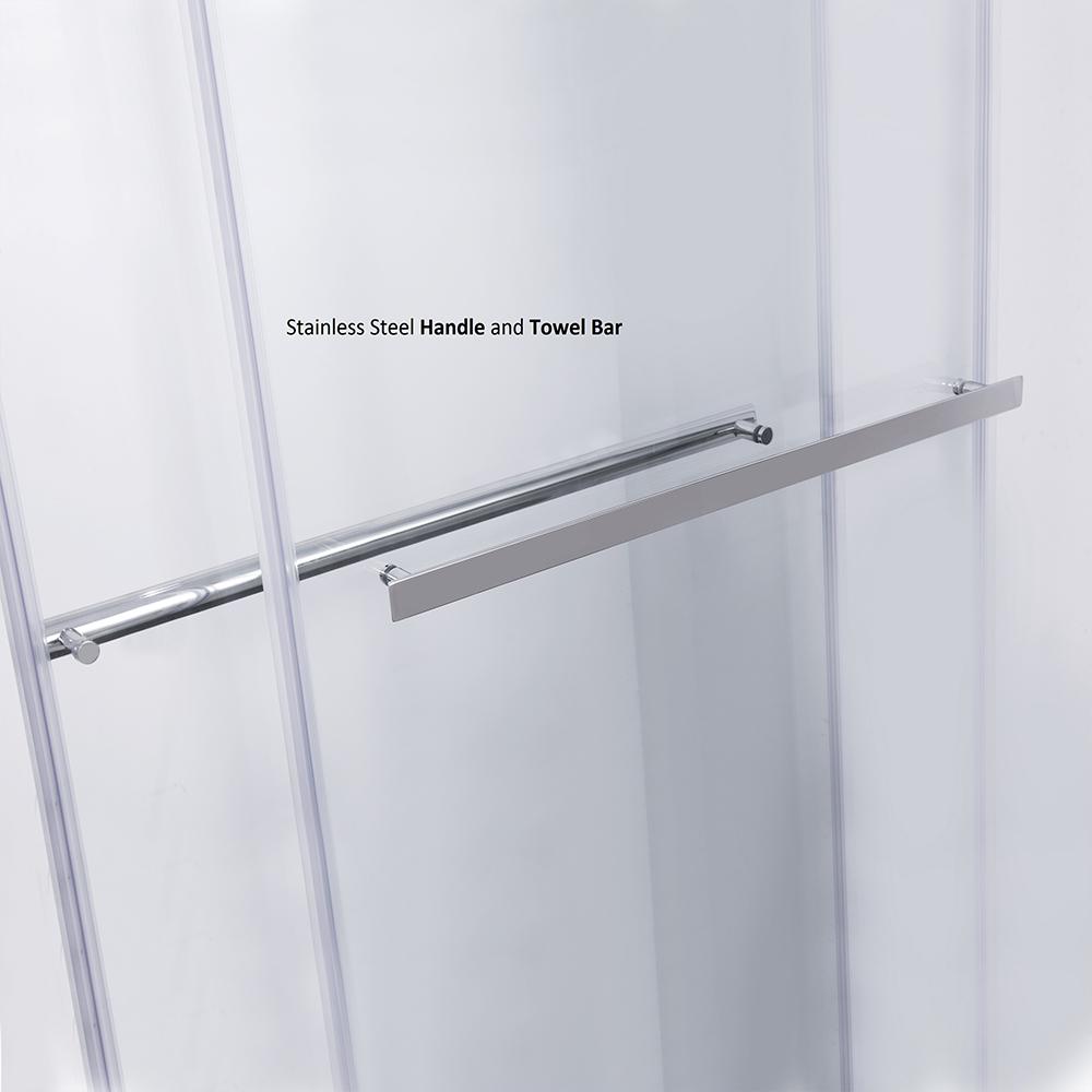 Spezia 60" W x 76" H Double Sliding Frameless Shower Door in Brushed Nickel. Picture 9
