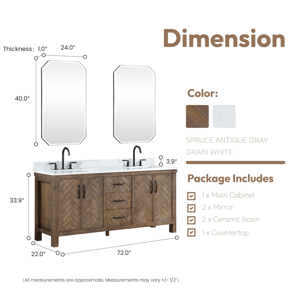 Javier 72" Free-standing Double Bath Vanity in Spruce Antique Gray. Picture 19