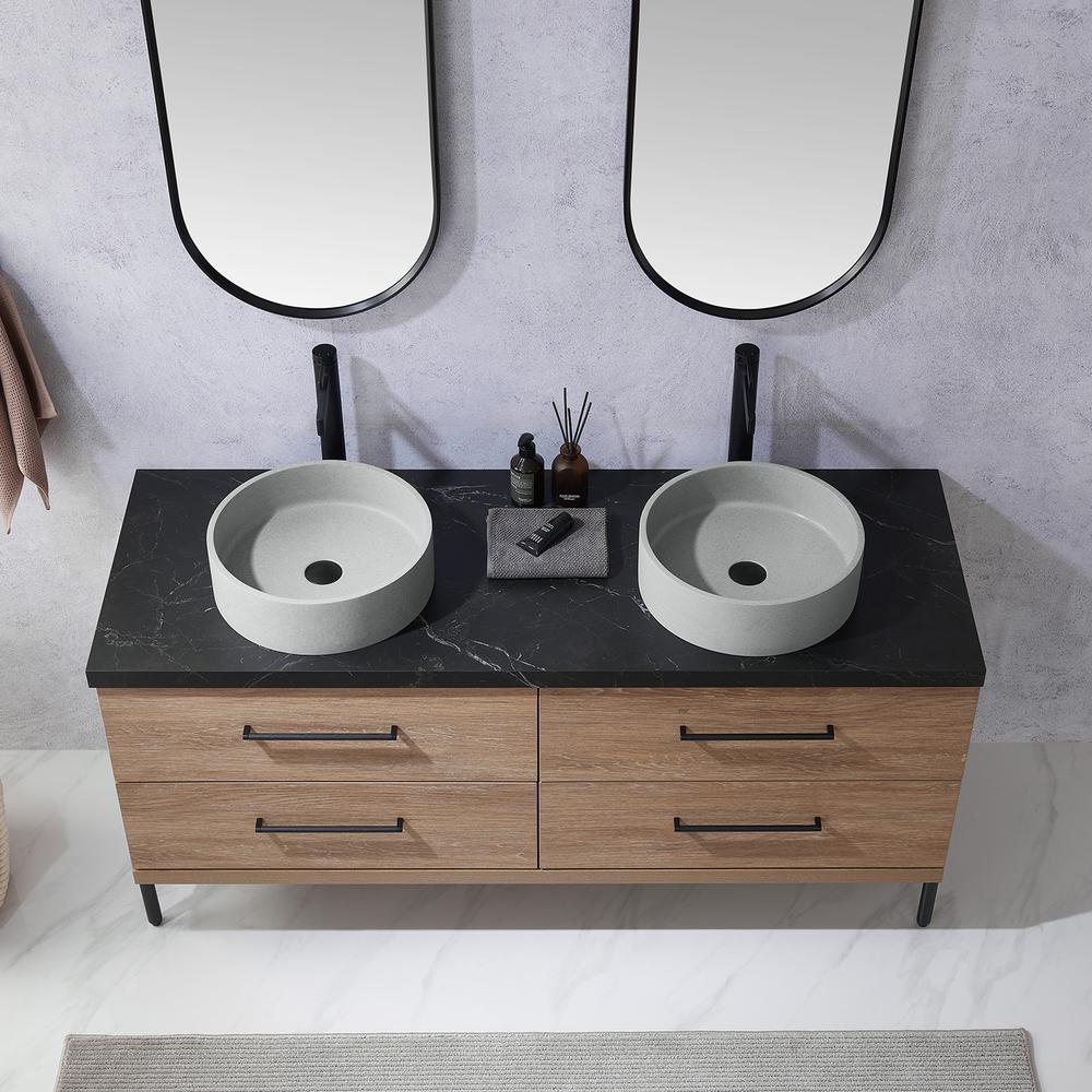 Double Sink Bath Vanity with Sintered Stone Top with Concrete Sink and Mirror. Picture 7