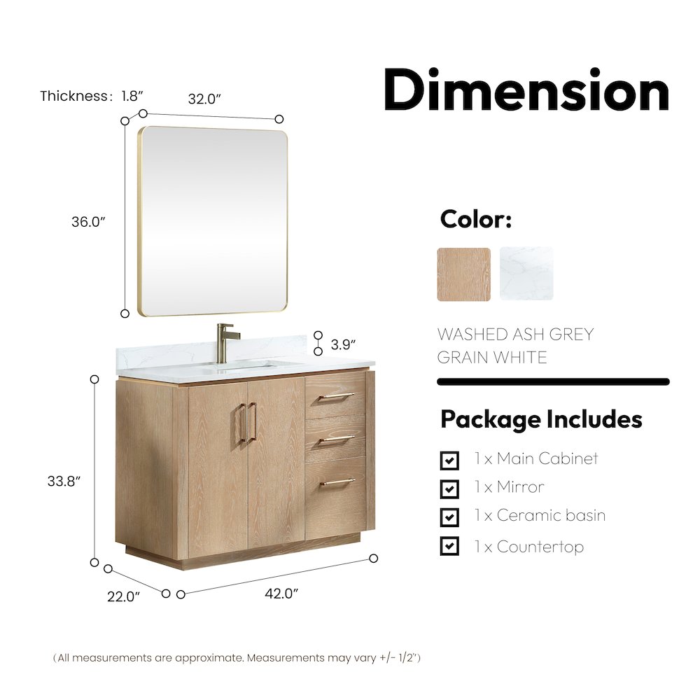 San 42" Free-standing Single Bath Vanity in Washed Ash Grey. Picture 17