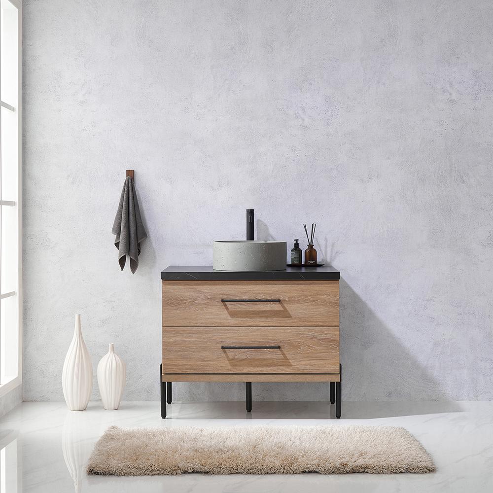 Single Sink Bath Vanity with Black Sintered Stone Top with Concrete Sink. Picture 4