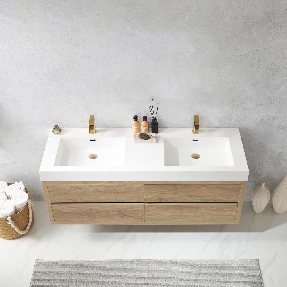 Double Sink Wall-Mount Bath Vanity with Composite Integral Square Sink Top. Picture 5