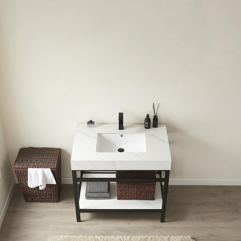 Single Sink Bath Vanity Metal Support with White Sintered Stone Top. Picture 5