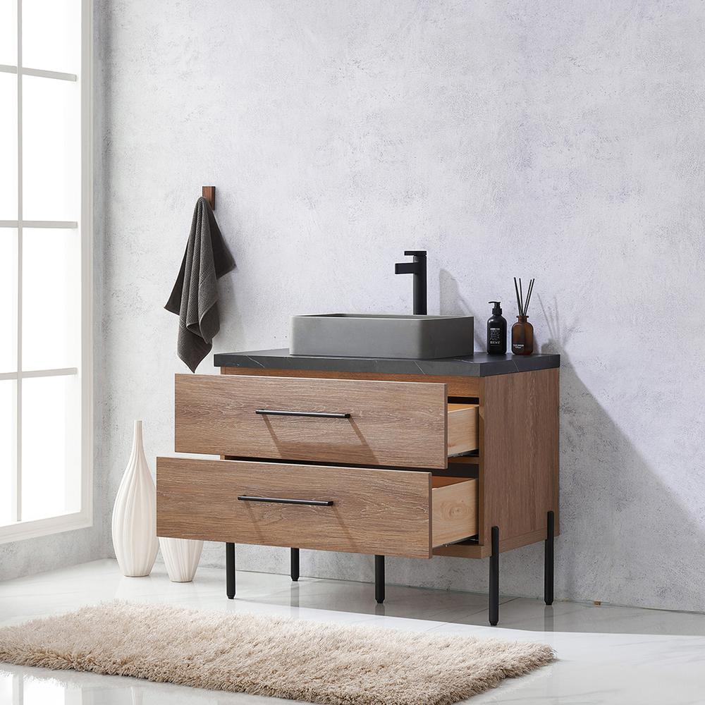 Single Sink Bath Vanity with Black Sintered Stone Top with Concrete Sink. Picture 6