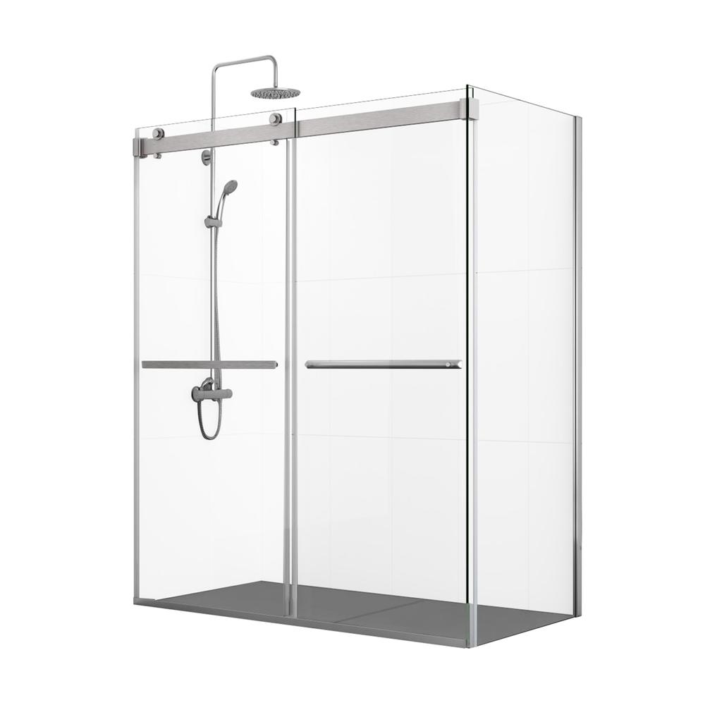 Rectangle Double Sliding Frameless Shower Enclosure in Brushed Nickel. Picture 1