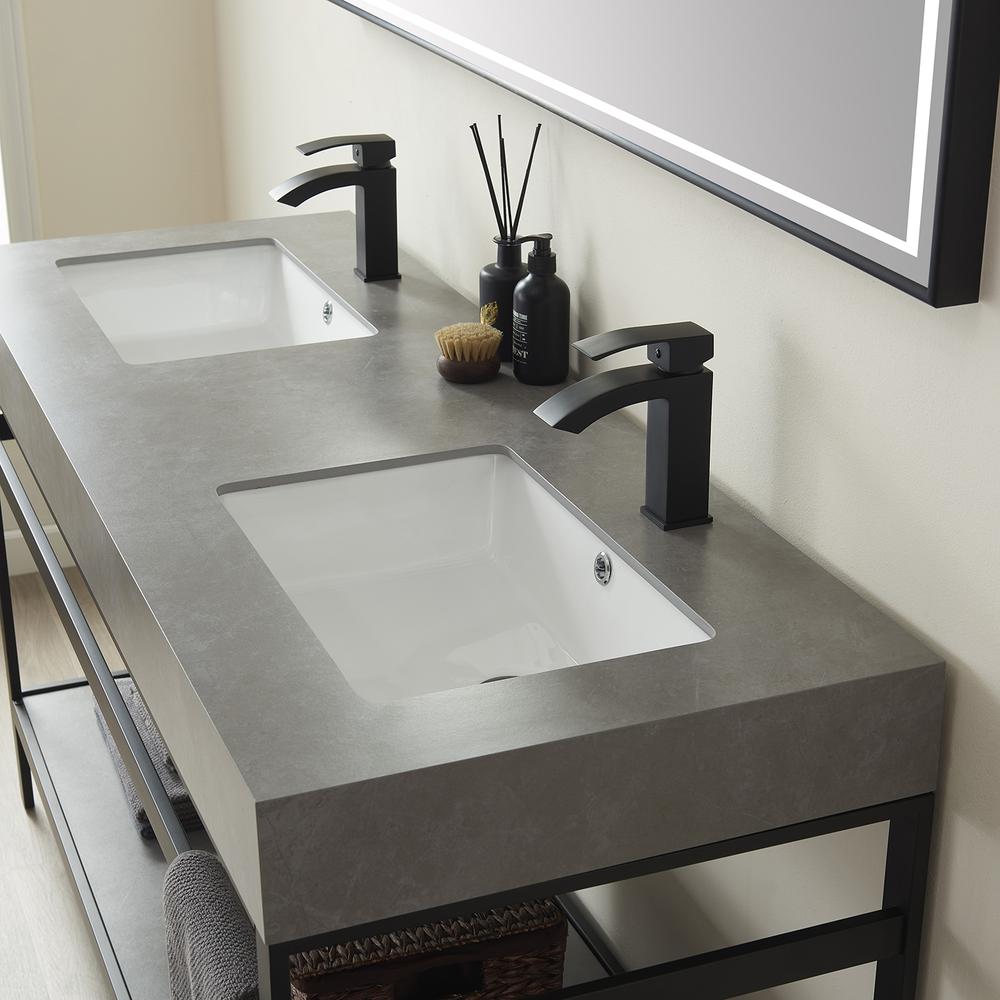 Double Sink Bath Vanity Metal Support with Grey Sintered Stone Top and Mirror. Picture 6