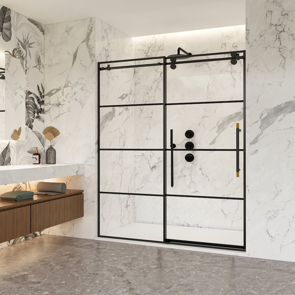 Losar 68" W x 78" H Single Sliding Frameless Shower Door in Matte Black. Picture 2