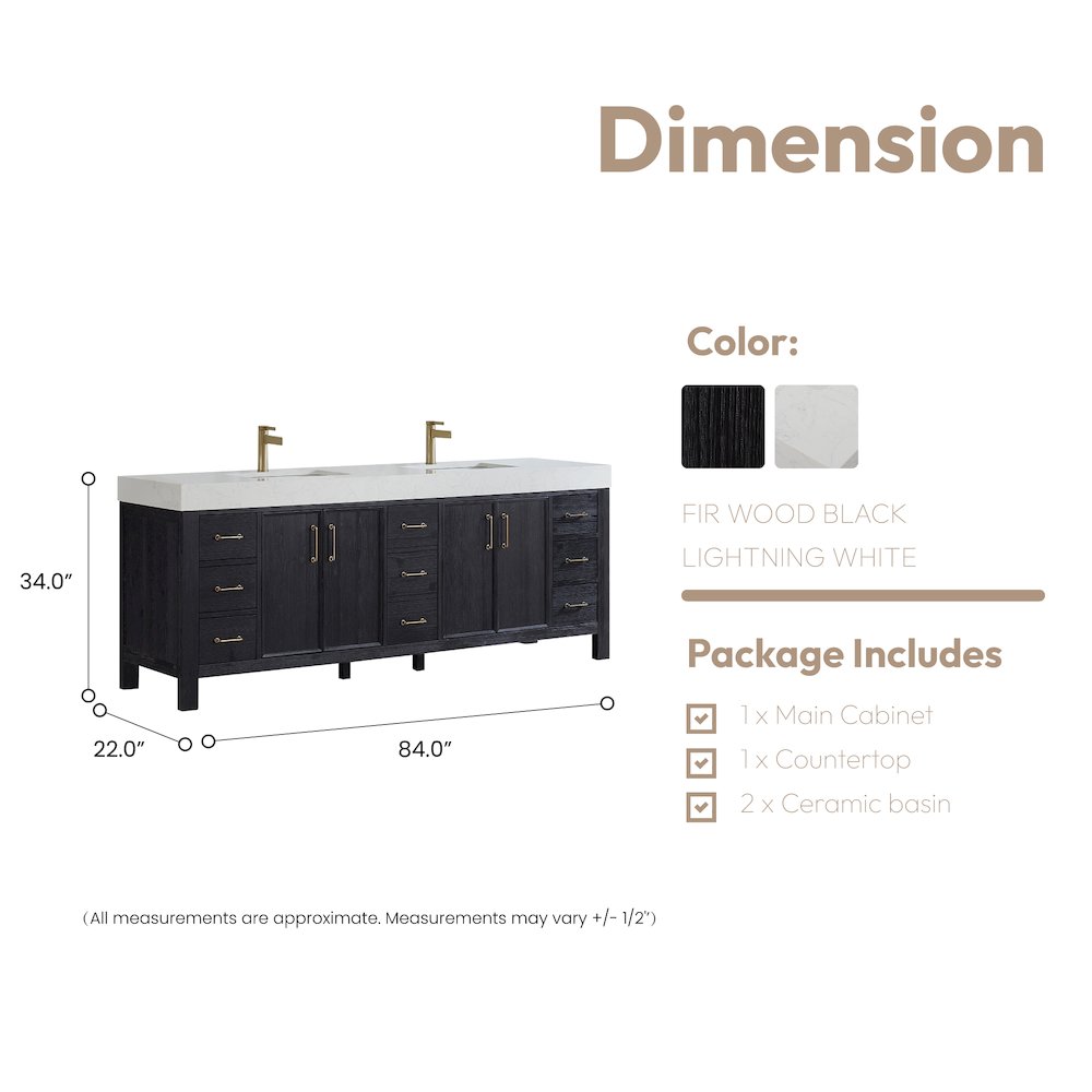León 84in. Free-standing Double Bathroom Vanity in Fir Wood Black. Picture 17
