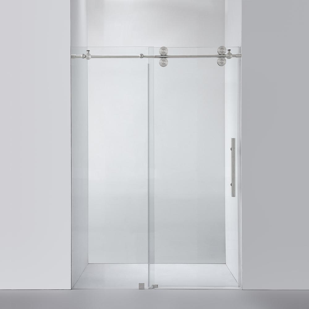 Villena 52" W x 78" H Single Sliding Frameless Shower Door in Brushed Nickel. Picture 1