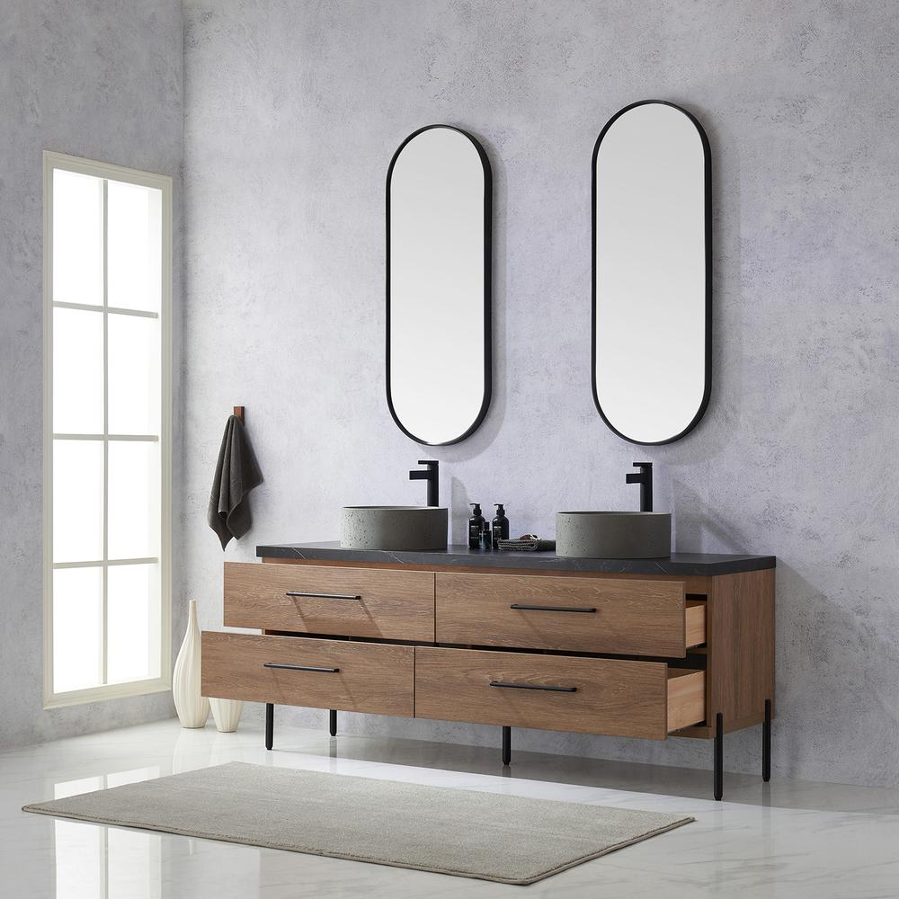 Double Sink Bath Vanity with Sintered Stone Top with Concrete Sink and Mirror. Picture 6