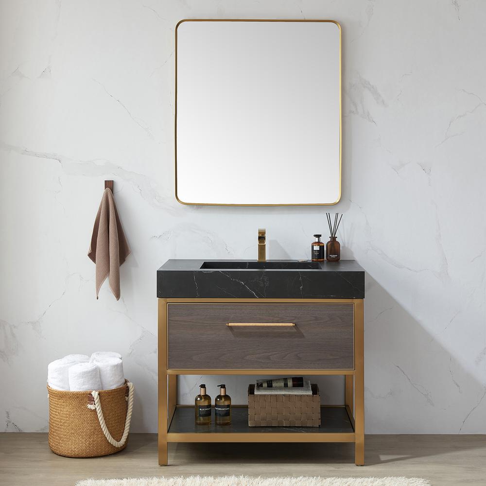 Mutriku 32 in. W x 36 in. H Rectangle Metal Wall Mirror in Brushed Gold. Picture 7