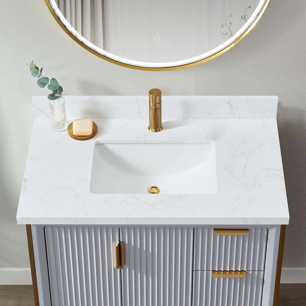 Composite Stone Vanity Top in Grain White with White Rectangular Single Sink. Picture 6