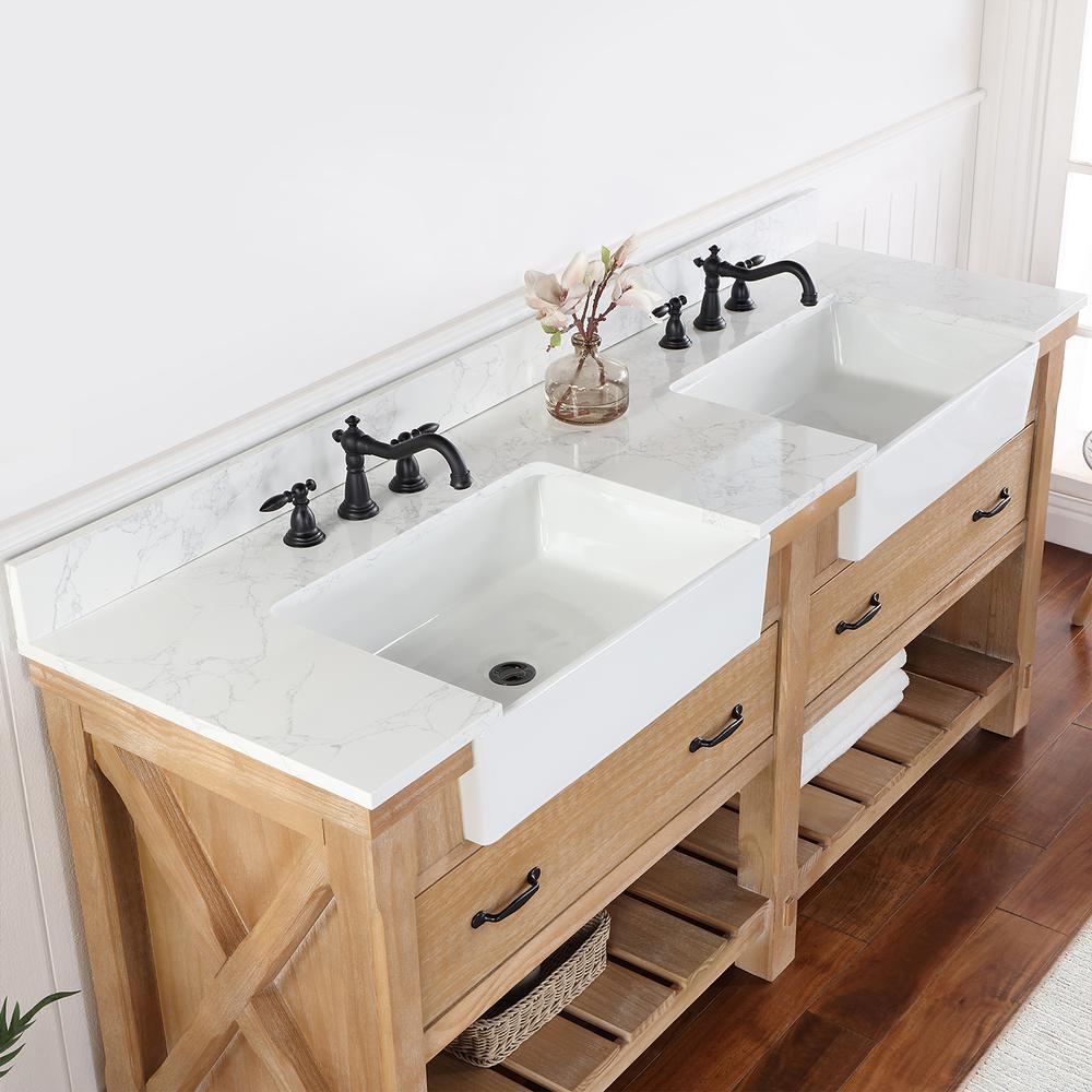 Double Bath Vanity with Composite Stone Top, White Farmhouse Basin. Picture 8