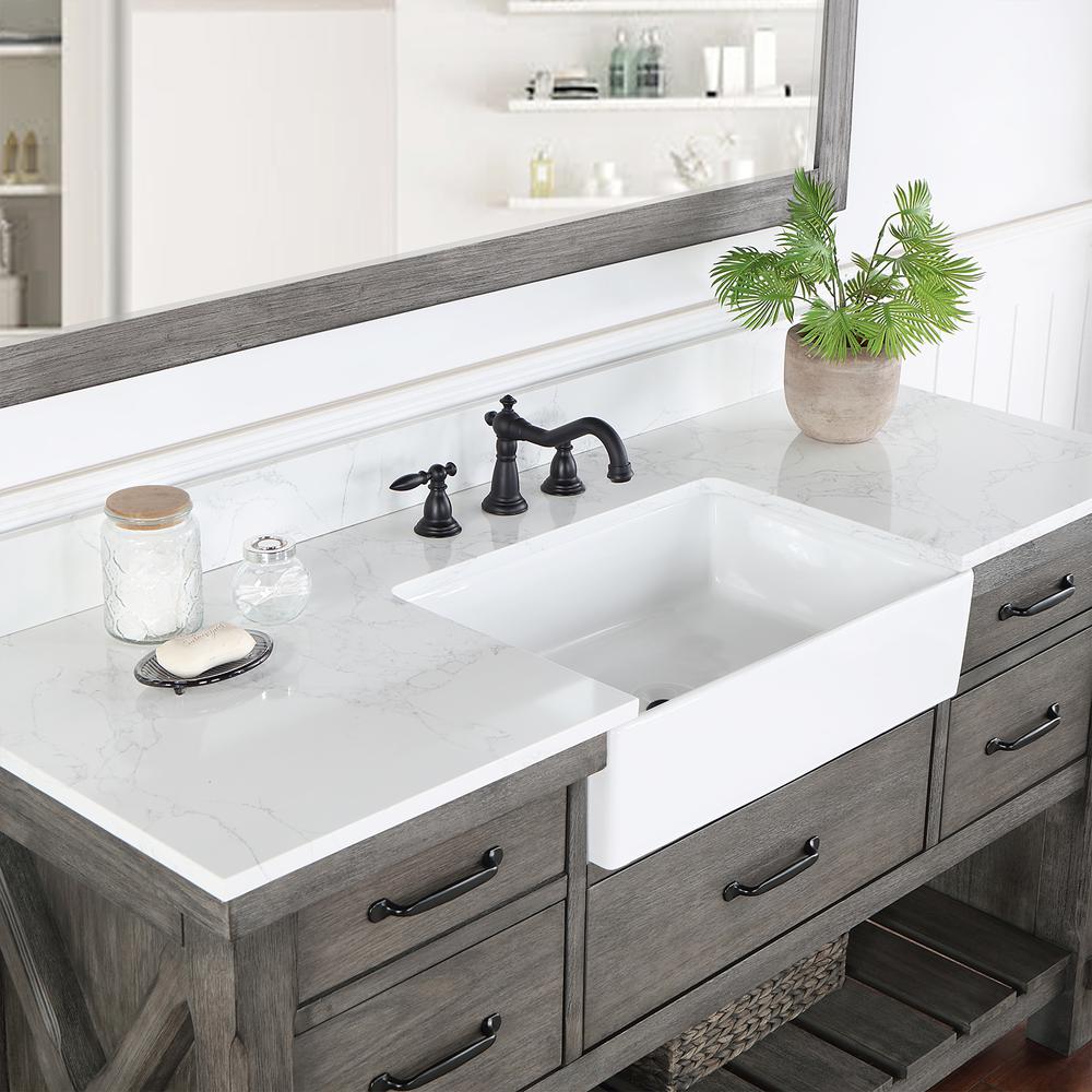 Single Bath Vanity with Composite Stone Top, White Farmhouse Basin and Mirror. Picture 8