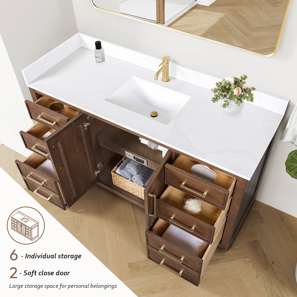 Jakarta 60" Freestanding Single Bath Vanity in Aged Dark Brown Oak. Picture 8