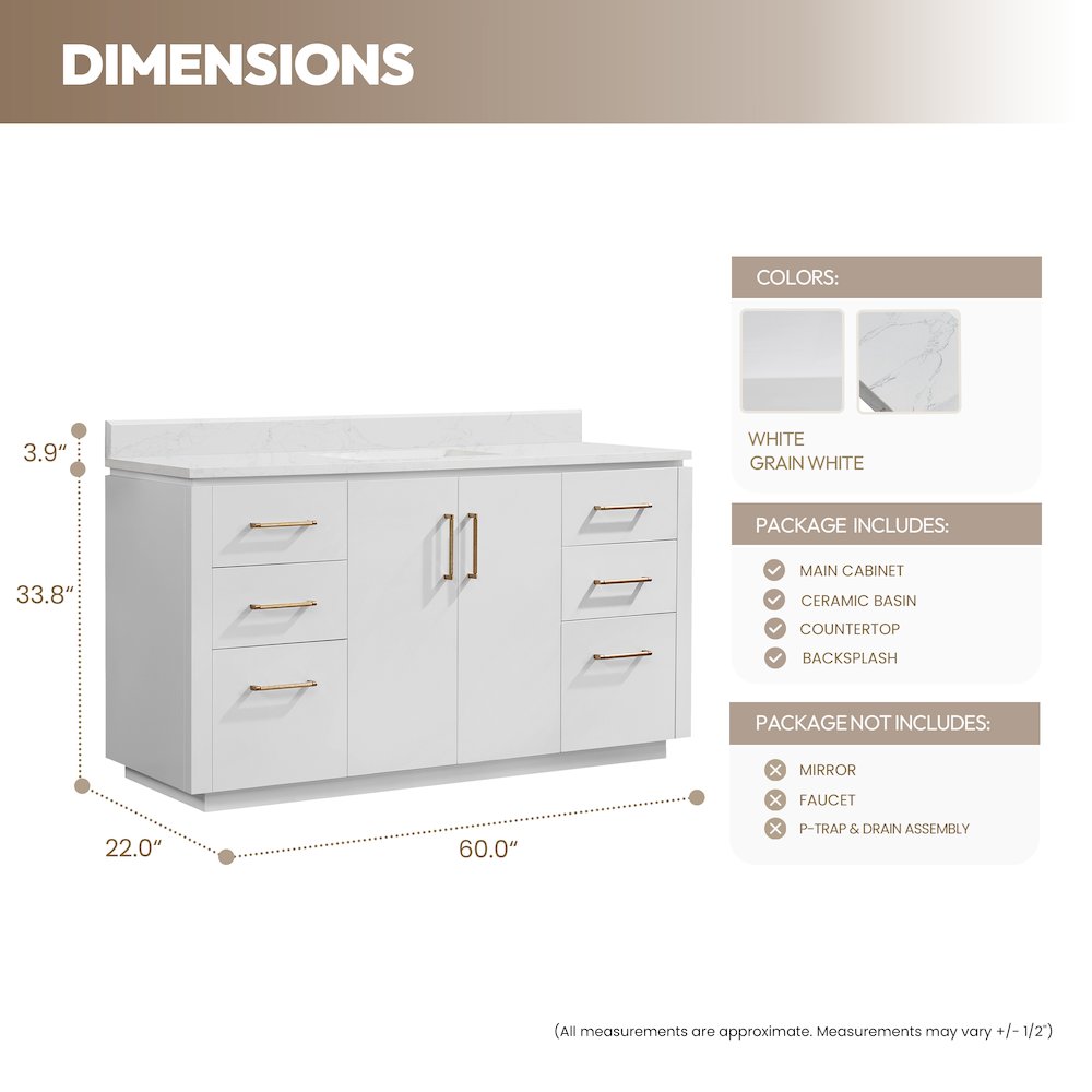 San 60" Free-standing Single Bath Vanity in White. Picture 19