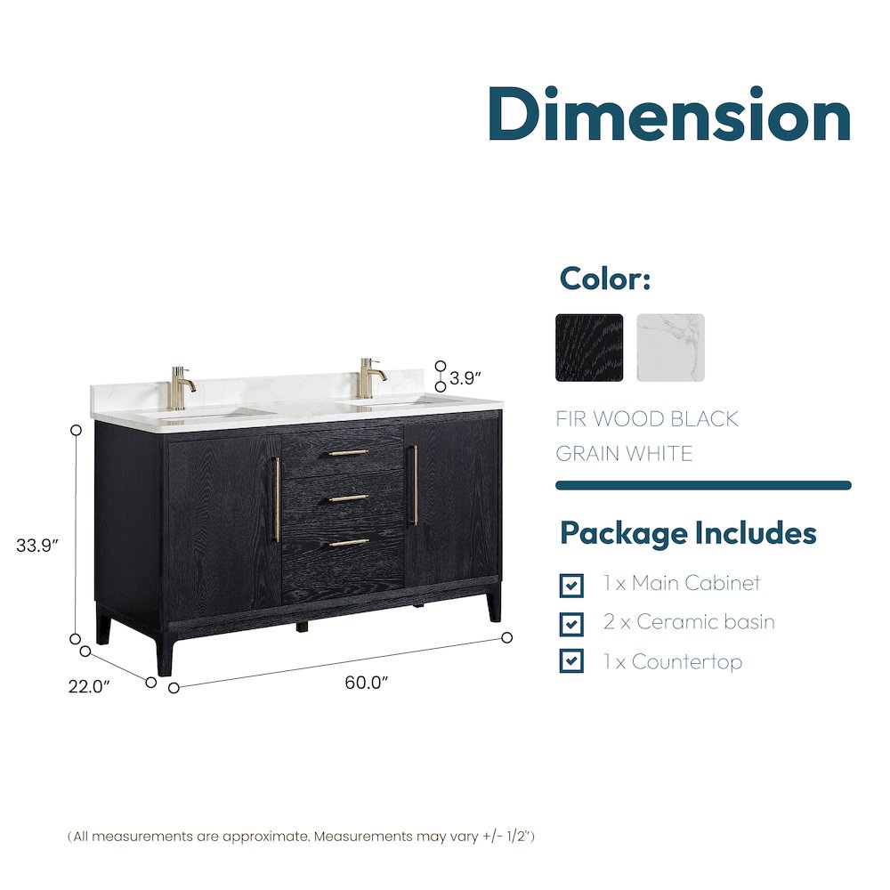 Gara 60M" Free-standing Double Bath Vanity in Fir Wood Black. Picture 18
