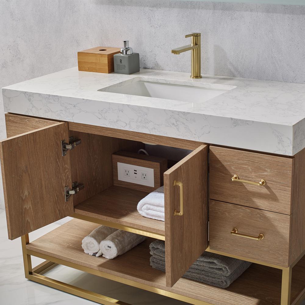 48" Single Vanity with White Grain Stone Countertop Without Mirror. Picture 6