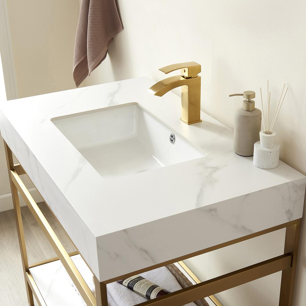 Single Sink Bath Vanity Metal Support with White Sintered Stone Top. Picture 6