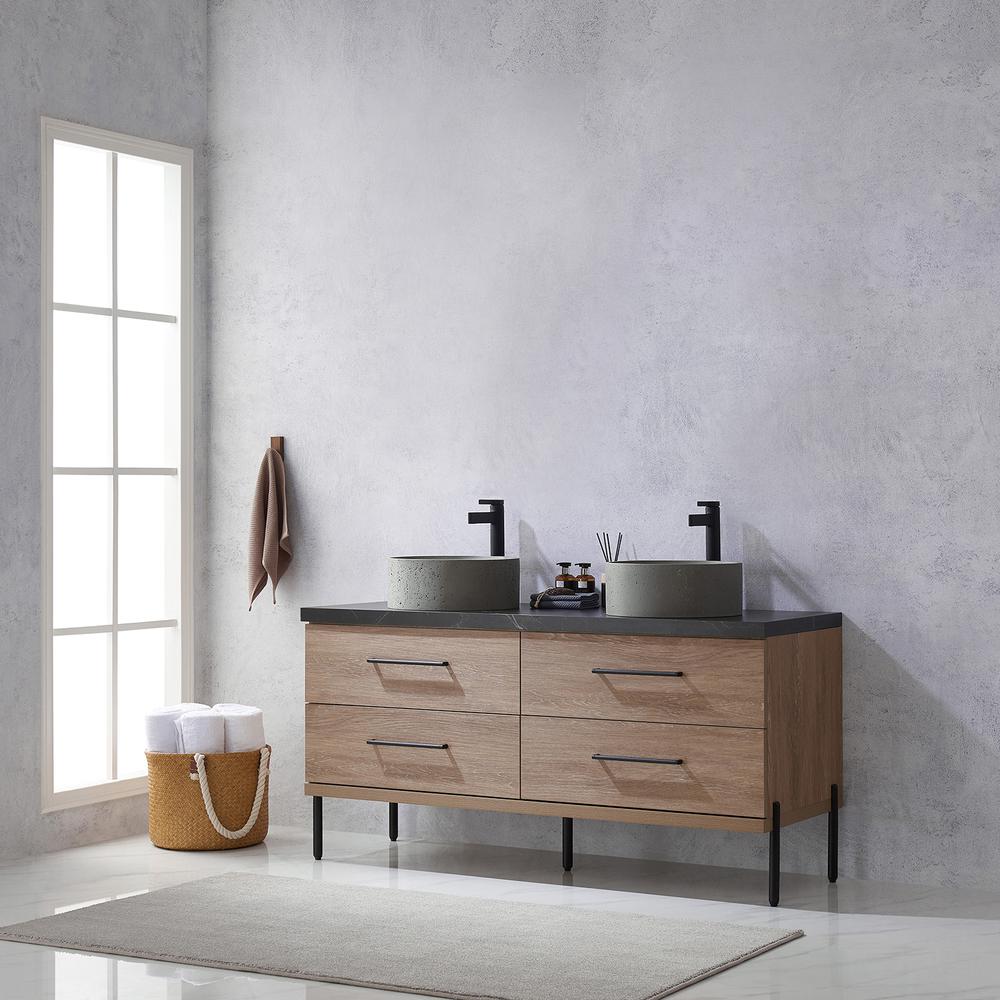 Double Sink Bath Vanity with Black Sintered Stone Top with Concrete Sink. Picture 14