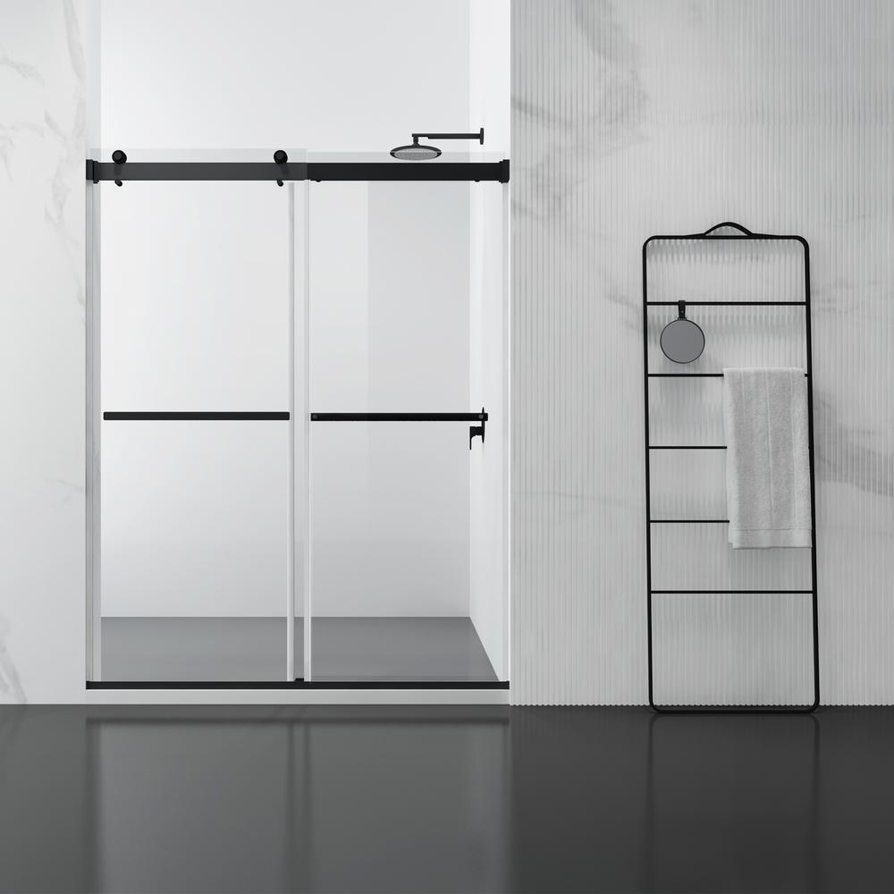 Spezia 60" W x 76" H Double Sliding Frameless Shower Door in Matte Black. Picture 1