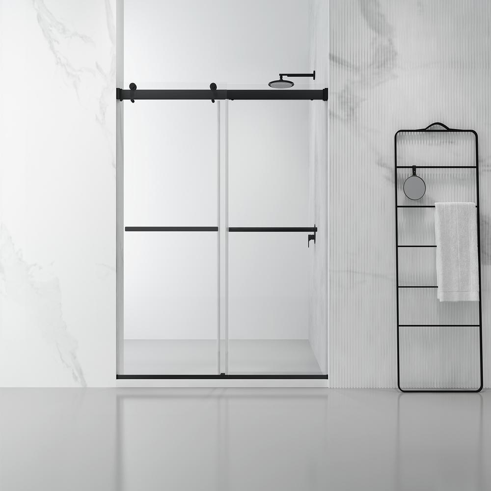 Spezia 56" W x 76" H Double Sliding Frameless Shower Door in Matte Black. Picture 2
