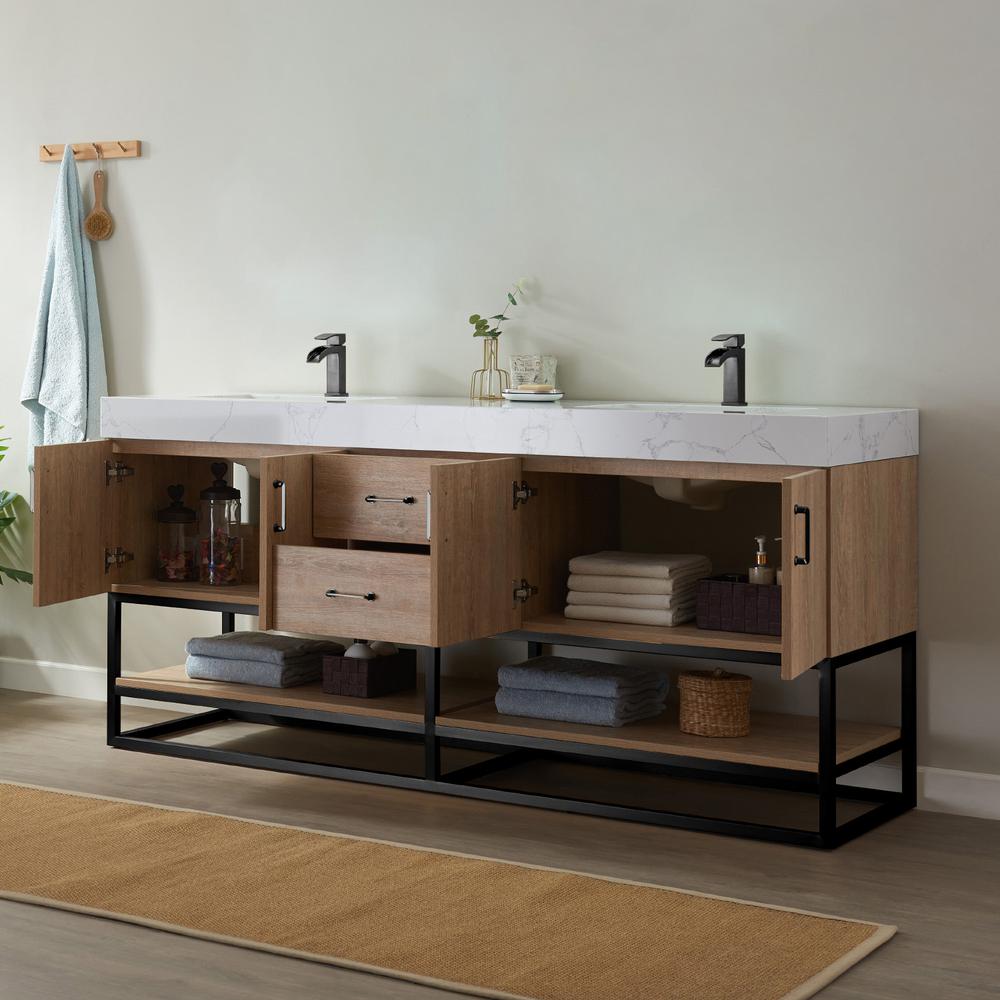 72B" Double Vanity with White Grain Stone Countertop Without Mirror. Picture 9