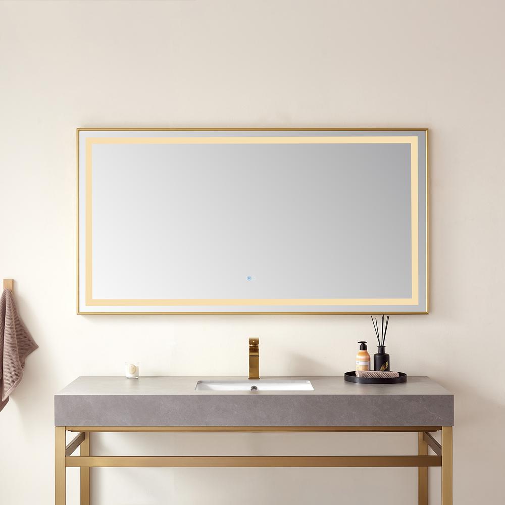 60" Rectangular Aluminum Framed LED Wall Mount Bathroom Vanity Mirror in Gold. Picture 8