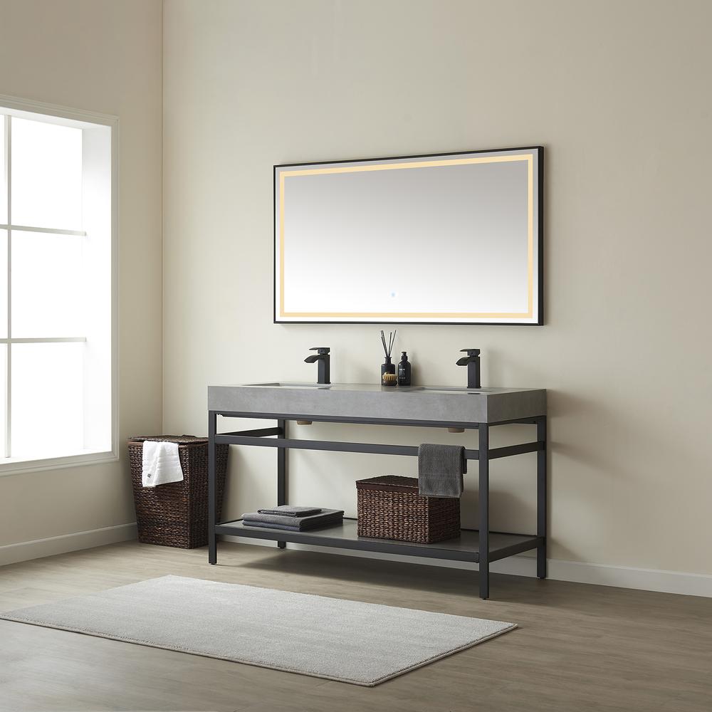 Double Sink Bath Vanity Metal Support with Grey Sintered Stone Top and Mirror. Picture 4