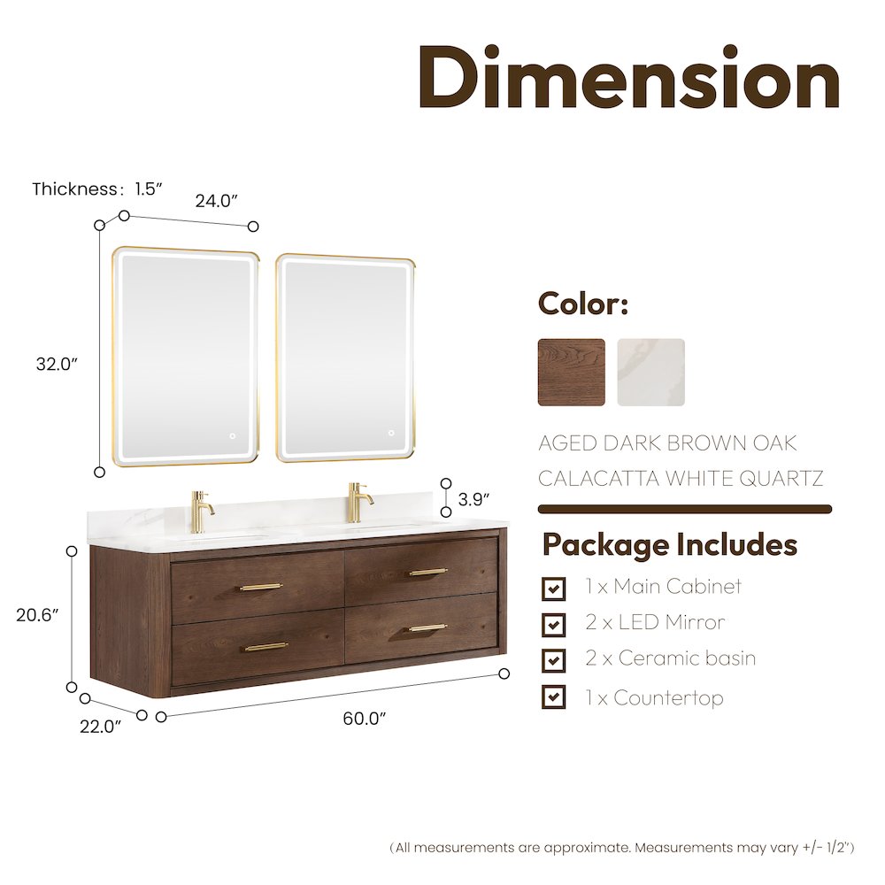 Cristo 60M" Floating Double Bath Vanity in Aged Dark Brown Oak. Picture 17