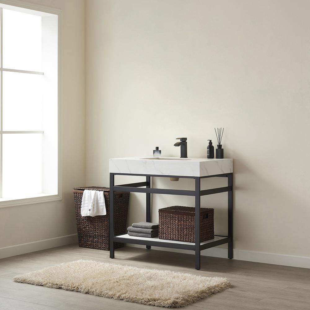 Single Sink Bath Vanity Metal Support with White Sintered Stone Top. Picture 6