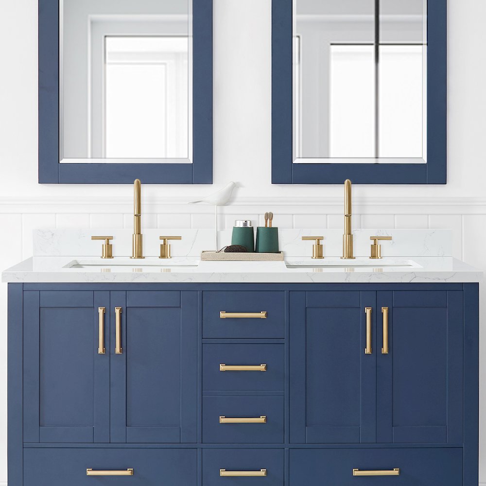 Composite Stone Vanity Top in Grain White with White Rectangular Double Sink. Picture 2