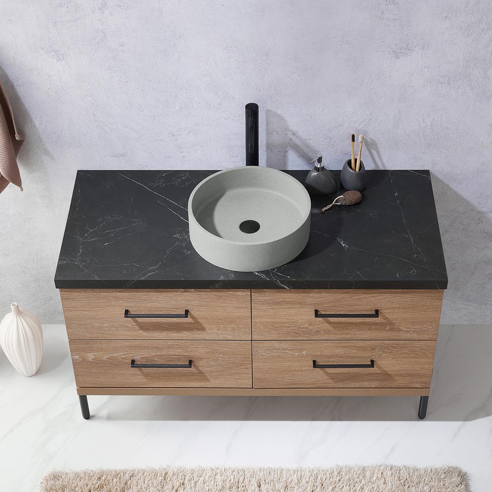 Single Sink Bath Vanity with Black Sintered Stone Top with Concrete Sink. Picture 7