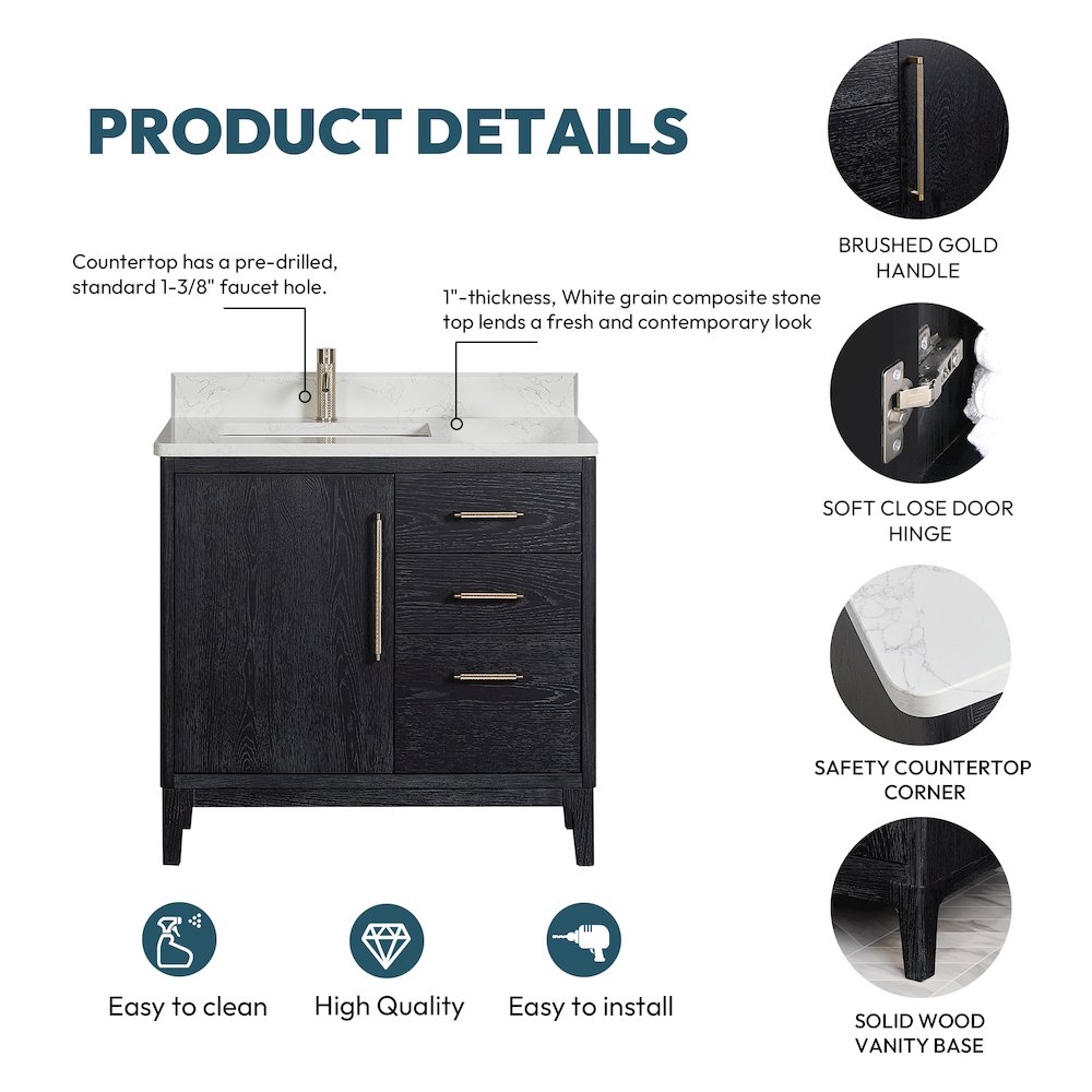 Gara 36" Free-standing Single Bath Vanity in Fir Wood Black. Picture 19