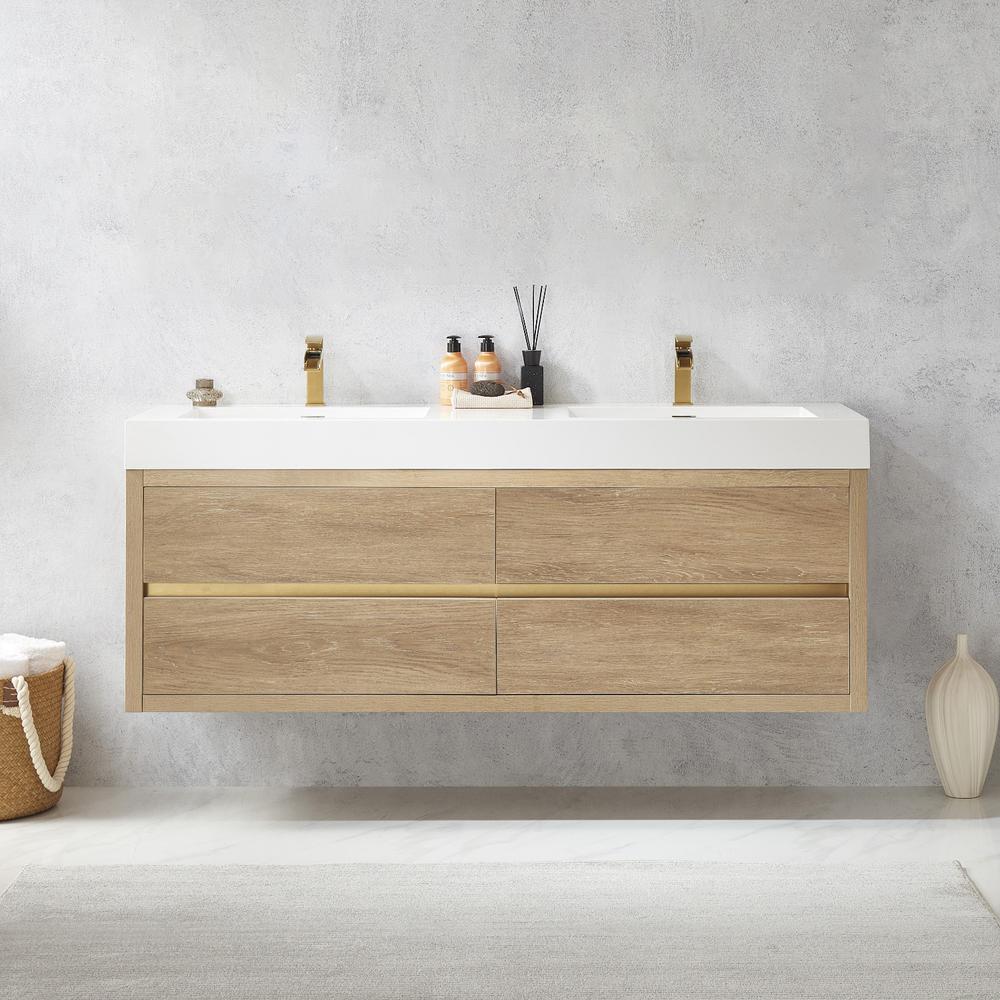 Double Sink Wall-Mount Bath Vanity with Composite Integral Square Sink Top. Picture 3