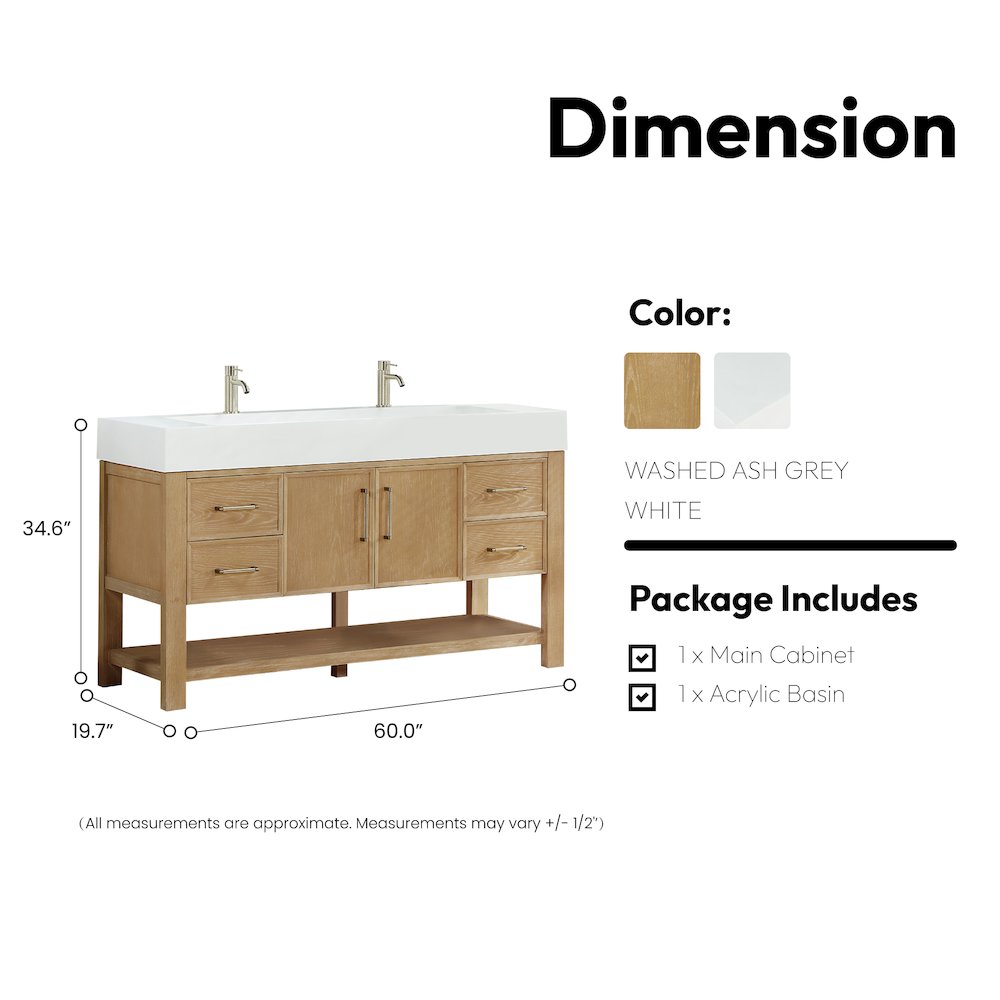 Vera 60" Free-standing Single Bath Vanity in Washed Ash Grey. Picture 17