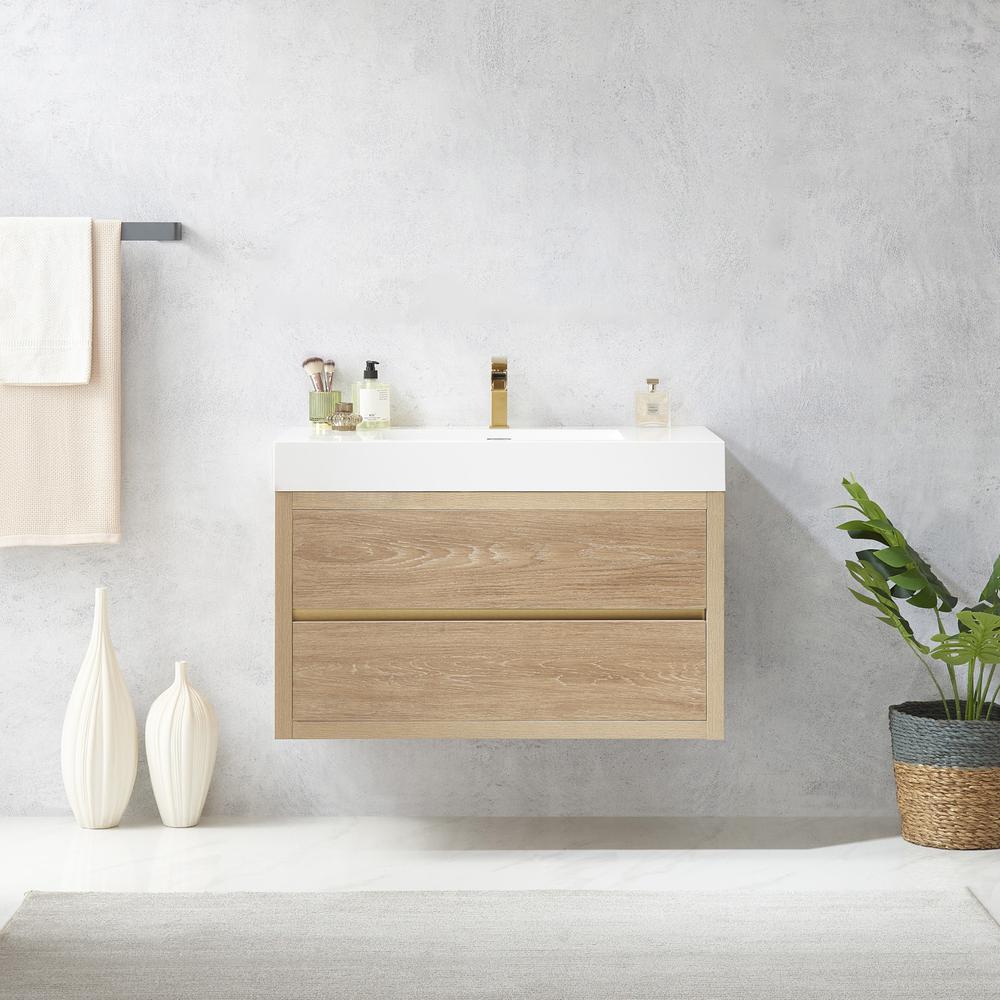Single Sink Wall-Mount Bath Vanity with Composite Integral Square Sink Top. Picture 3