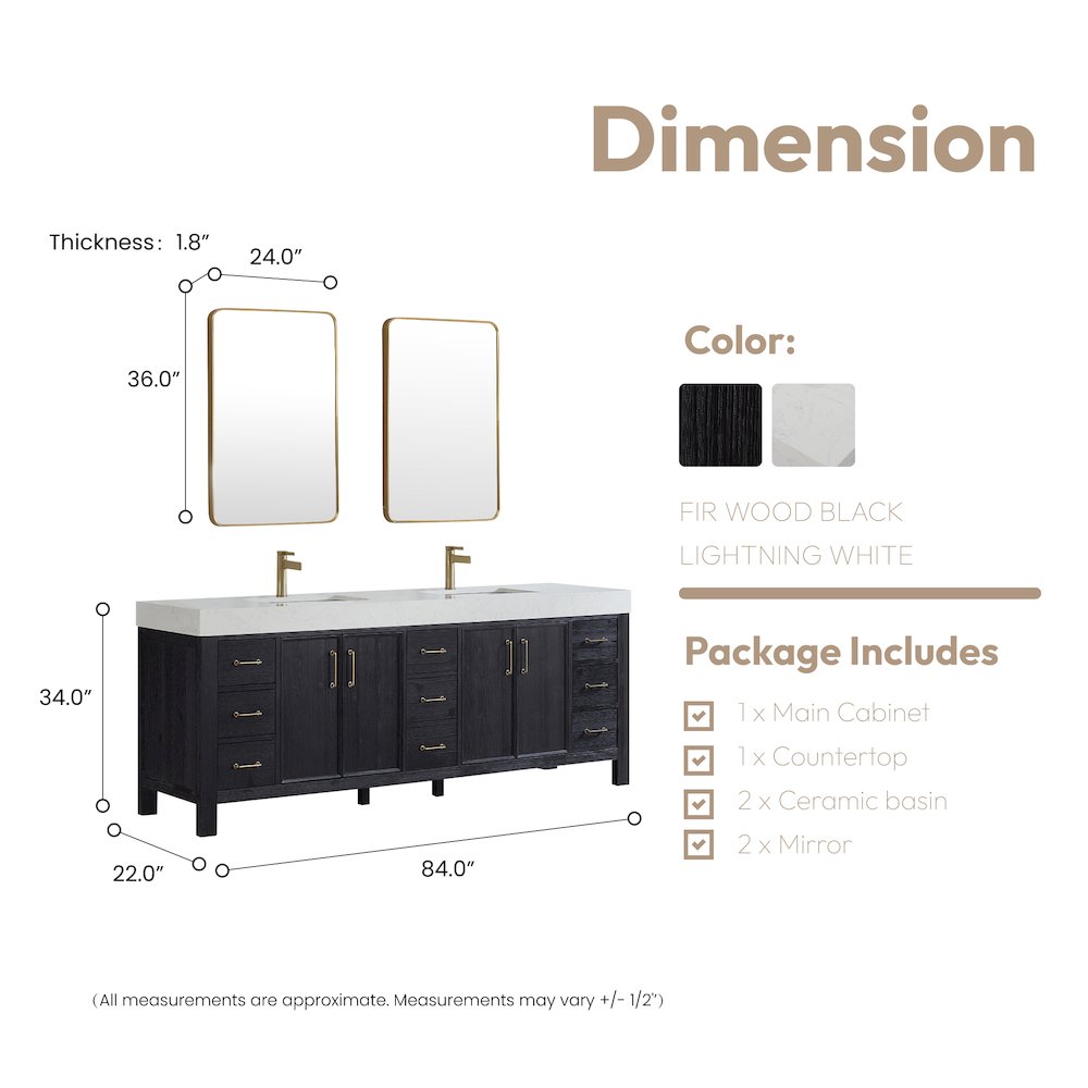 León 84in. Free-standing Double Bathroom Vanity in Fir Wood Black. Picture 17