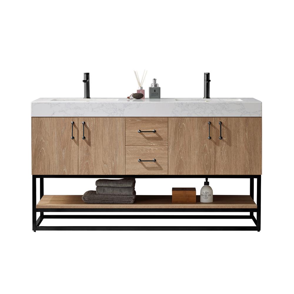 60B" Double Vanity with White Grain Stone Countertop Without Mirror. Picture 1