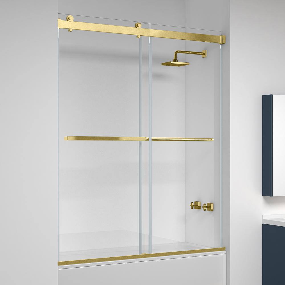 Spezia 60" W x 58" H Double Sliding Frameless Tub Door in Brushed Gold. Picture 6