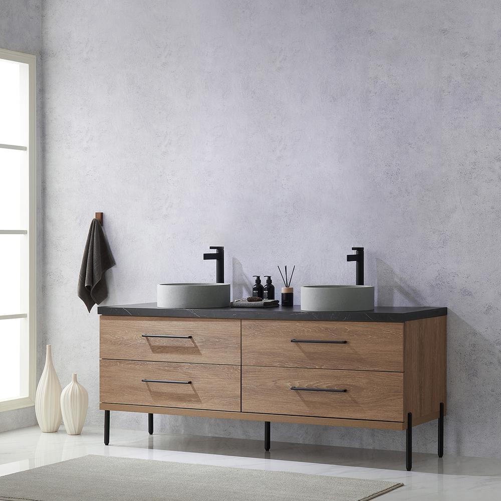 Double Sink Bath Vanity with Black Sintered Stone Top with Concrete Sink. Picture 15