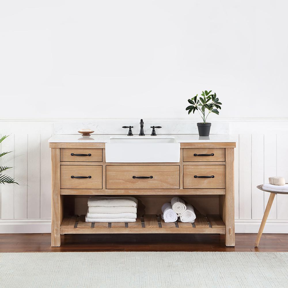 Single Bath Vanity with Composite Stone Top, White Farmhouse Basin. Picture 5